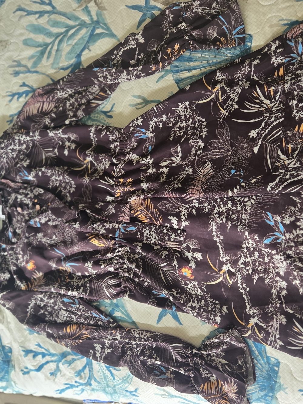 Derek Lam Plum Floral-Print Midi Dress with Blue and Gold Highlights
